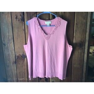 Parisian Signature Pink Top Size 3X V Neck Lace Accent Silk Blend Classic Preppy